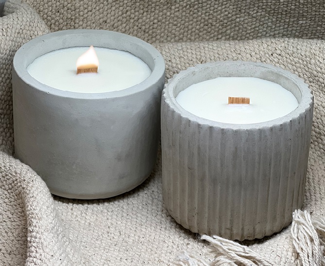 2er Set Kerze Beton grau glatt und geriffelt